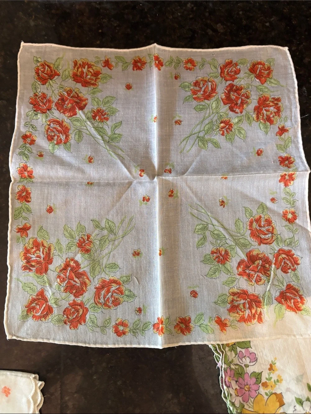 Set of 3 Vintage Floral Handkerchiefs - Orange, Yellow, Green